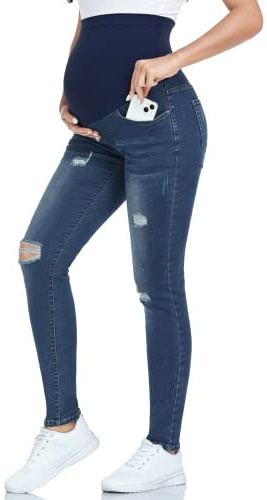 PACBREEZE Vaqueros de Maternidad para Mujer Sobre el Vientre Ajustados Elásticos de Cintura Alta Denim Skinny con Bolsillos, M