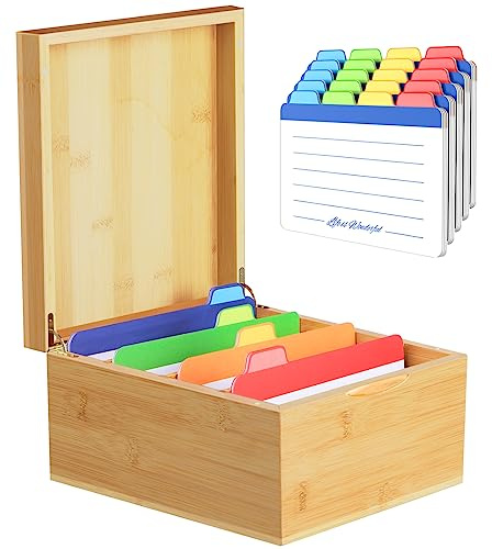 Neando Extra-Large Bamboo Index Card Organizer for 5x8 Cards – Wooden Storage Box with Lid, 4 Compartments, 600-Card Capacity, Includes 20 Tabbed Guides – Natural Filing Box for Home & Office