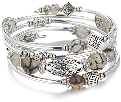 Bulinlin Damen Wickelarmband aus Natur Achat Stein Mehrschichtiges Perlen Silber Armkette Valentinstag Modeschmuck Geschenk (Grey leopard)