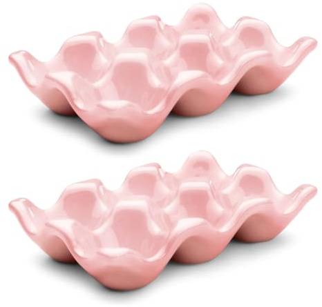 Flexzion Ceramic Egg Holder for Fridge, 12 Cup Porcelain Egg Tray, Pink