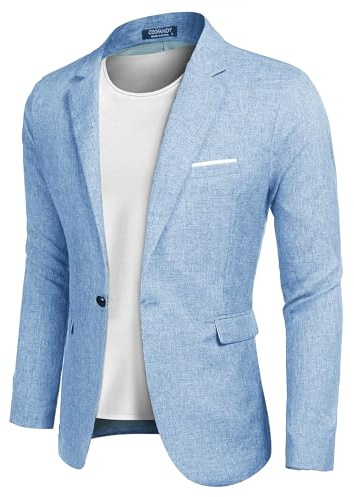 COOFANDY Sakko - Giacca da uomo sportiva, vestibilità normale, in lino, stile moderno, per il tempo libero, A-azzurro, XXL