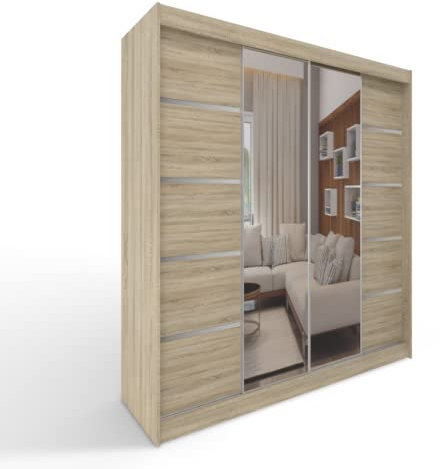 ML Furniture C5 Schiebetüren Kleiderschrank 150 x 200 x 58 cm mit Spiegel - Schlafzimmermöbel, Aufbewahrung - Mehrzweckschrank - Farbe: Sonoma - 2 Schiebetüren