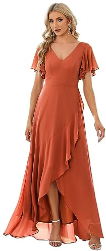 Ever-Pretty Robe pour Mariage Invité Femme Longue Asymétrique Manches Courtes Col V Fendue Fluide Chic Orange Caramel 50
