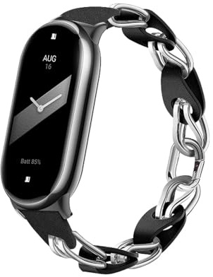 XIHAMA Compatible avec Xiaomi Mi Band 8/9 Bracelet de montre de rechange Design ajouré Anneau en acier inoxydable Chaîne en cuir Ceinture Mi Band 9 Bracelet élégant pour femme
