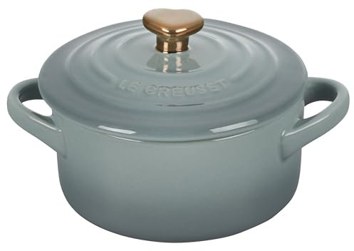 Le Creuset Mini-Kokotte, Steingut, rund, 237 ml, Meersalz mit goldfarbenem Herzknauf