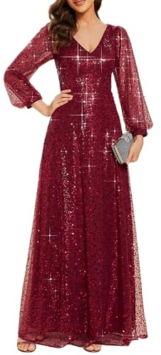Ever-Pretty Vestido de Lentejuelas Mujer Largo Mujer Cuello en V Vestido de Noche Mangas Largas Burdeos 40