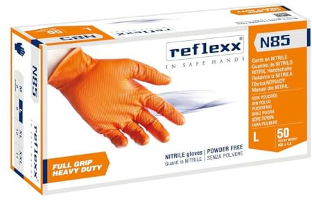 Guanti Nitrile Reflexx N85, Guanti Monouso Nitrile Arancioni Full Grip (200 Pezzi) Guanti Usa e Getta per Lavori Pesanti: Meccatronico, Carrozziere, 100% Latex Free (L)
