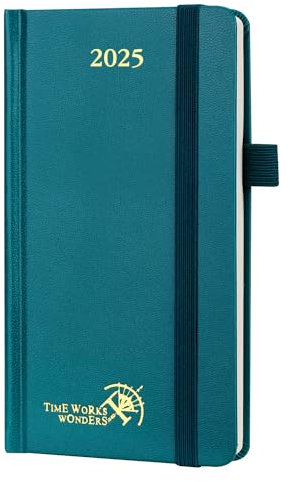 POPRUN Taschenkalender 2025 Klein 16,5 x 9 cm (Jan.2025-Dez.2025) - Kalender 2025 Klein Hardcover - Terminplaner, Planer 1 Woche 2 Seite mit Innentasche - Pazifikgrün