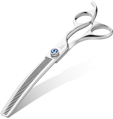 JASON Forbici curve per cani da 17,8 cm, forbici ergonomiche per toelettatura, argento, acciaio inossidabile 440C, forbici professionali per animali domestici (50 denti), regalo di Natale