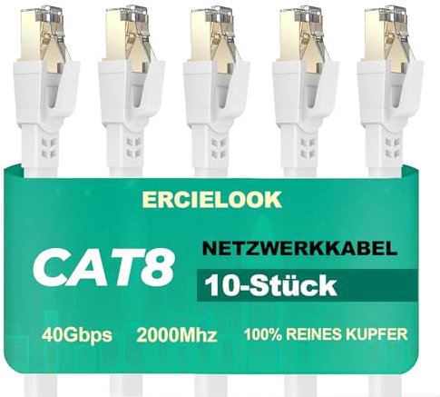 Ercielook Cat 8 Câble Ethernet 0,5m 10 Pièces – Câble Réseau 40Gbps 2000MHz Plat STP RJ45 LAN Câble Compatible avec Routeur Modem Switch
