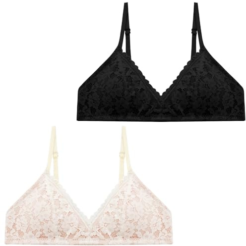 SEAUR 2er Teenager BH Mädchen Spaghettiträger Nahtlos BH Spitzen Triangel Bralette mit Abnehmbaren Pads Atmungsaktiv Unterwäsche Schwarz/Nackt 34(75AB)