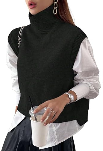 Naileksi Maglione Corto da Donna a Collo Alto Senza Maniche a Collo Alto Tinta Unita vestibilità Ampia Maglia Casual Maglione Top Streetwear, Nero, L