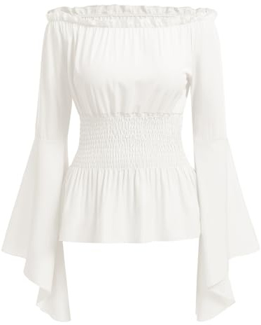 ABEHIK Haut gothique médiéval pour femme - Manches longues - Renaissance - Chemisier folklorique - Manches plissées - Corset - Haut épaules dénudées, Blanc., XXL