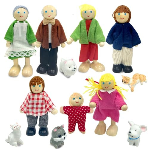 Puppenhaus Puppen,Puppenhaus Figuren Puppen Familie Set,Puppenhaus Figuren mit Katze und Hund，Holzpuppe Spielzeug für Kinder，Puppenfamilien Figuren Biegepuppen für Puppenhäuseraus