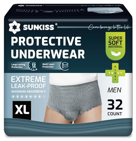 SUNKISS Inkontinenz Pants Männer, Tagsüber Einweg Erwachsenen Windelhosen, Herren Windeln mit Maximaler Saugfähigkeit, Grau, Größe XL, 32 Stück 1er Pack