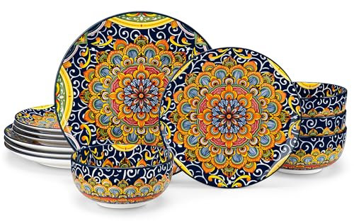 vancasso 12 Pieces Dinnerware Sets, Dark Green Plates and Bowls Set, Porcelain Dishes Set for 4, Microwave and Dishwasher Safe, Scratch Resistant, Bohemian Style Dining Ware Service for 4, Series SIMI