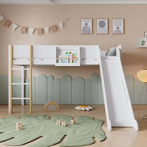 Merax Lit Mezzanine avec Toboggan et échelle à Trois marches, Lit Mezzanine pour Enfants, étagère Amovible, Pin + MDF, Blanc + Naturel, 90x200cm, Matelas Non Inclus