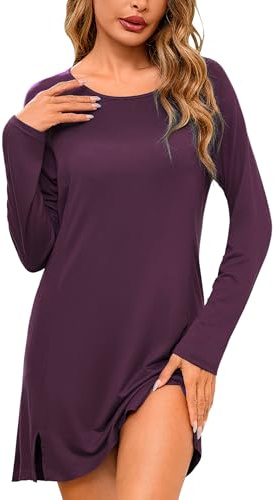 Leversic Camicia da Notte Donna Manica Lunga Camice da Notte Cotone Vestito Invernale Viola Scuro XL