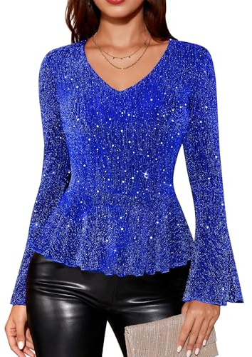 Timormode Sparkly Tops for Women Long Sleeve V Neck Sequin Shirts Slim Fitted Ruffle Glitter Blouses Cocktail Evening Party Night TMT7005 RoyalBlue XXL