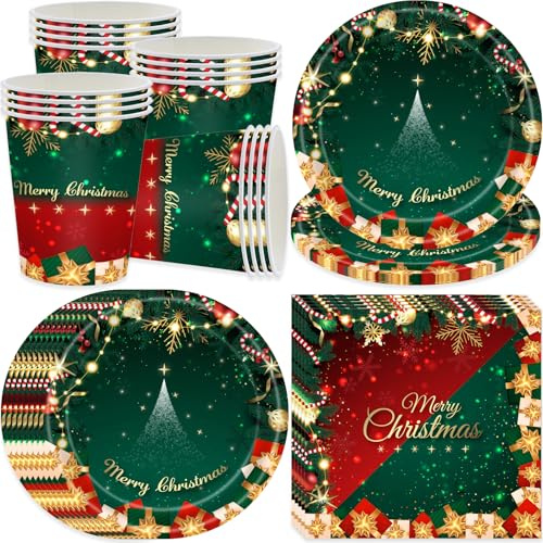 Bikasun Juego de vajilla para fiestas navideñas, platos de cartón, servilletas, vasos de cartón, juego de vajilla navideña , 16 invitados, artículos de decoración para fiestas navideñas, rojo y verde