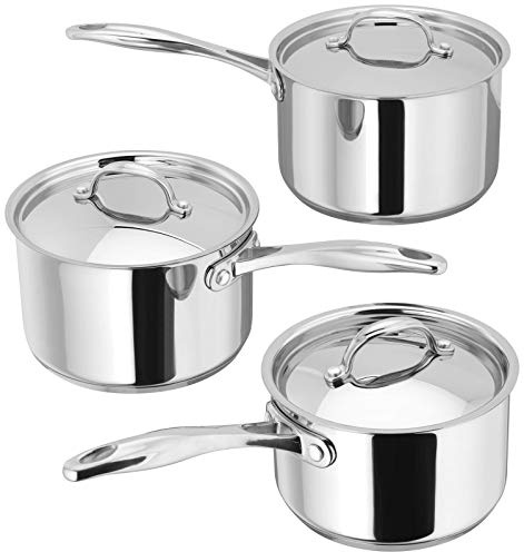 Stellar Profile Set of 3 Stainless Steel Saucepans with Lids, 20cm 18cm 16cm, Induction Ready, Oven Safe, Dishwasher Safe