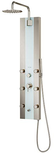 Tropicana ShowerSpa Panel with 10 Rain Showerhead - Brushed Stainless Steel Body & Fixtures, Seafoam Tempered Glass Panel, 2.5GPM - Rain Shower Head with Handheld Spray Wand, 6 Silk-Spray Jets, Spout