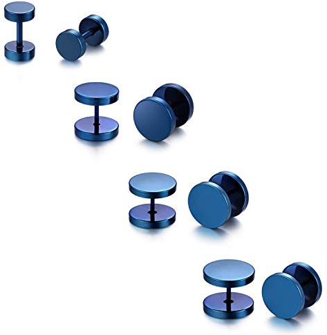 JewelryWe Schmuck 4 Paar Unisex Ohrringe, 6-14mm Runde Kreis Ohrstecker Tunnel Fake Piercing Ohr Plug für Herren Damen, Edelstahl, Blau