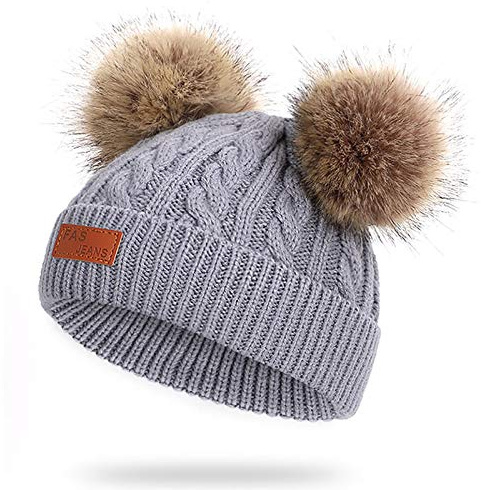 Baby varm vintermössa mössa virkad päls mössa för småbarn pom-pom-mössa baby pojkar flickor, Grå, one size