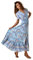 Roman Originals Shirred Empire Waist Dress for Women UK Ladies Midi Maxi Summer Spring Tiered Frill Hem Short Sleeve V Neck Button Through Boho Bohemian Holiday Cruise - Blue - Size 12
