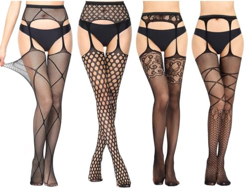 HSAJS 4 Paia Calze a Rete,Calze per Reggicalze da Donna,Sexy Moda Elastico Vita Alta Collant,Collant Donna Elastici in Pizzo,Calze a Rete Altezza Coscia con Banda Superiore (2)
