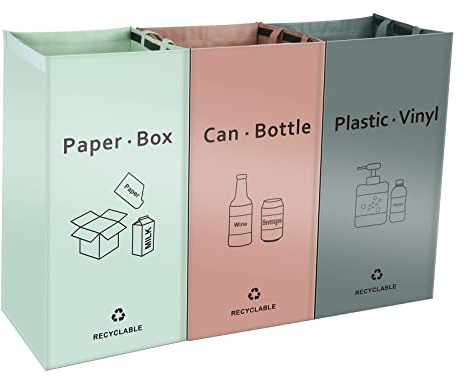 JIALAI HOME Separate Recycling Bin for Kitchen Home - Indoor Recycle Bins (Pink, Green, Gray) Waste Trash Sorting Bins, Reusable Waterproof Affordable Recycle Bags, Pack of 3 Bags