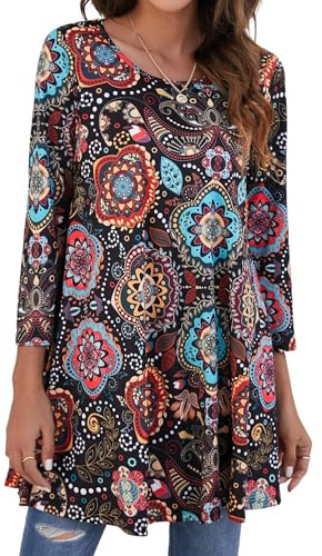 Enmain Tunica Donna Manica Lunga Magliette Maniche Lunghe 3/4 Bluse Elegante Stampata Casual Maglietta Collo Rotondo T-Shirt,Multicolore,3XL