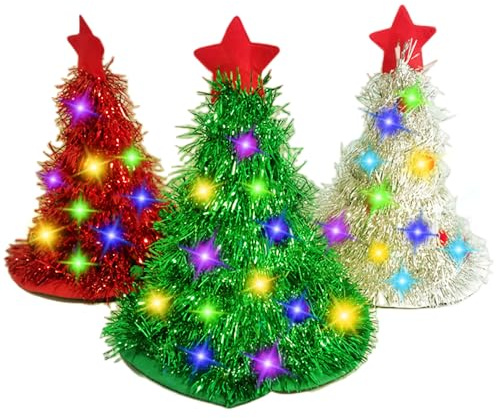 BUNVICK Juego de gorros navideños de varias piezas con 30 luces LED de colores, sombrero decorativo para árboles de Navidad para (3 Piece Set)