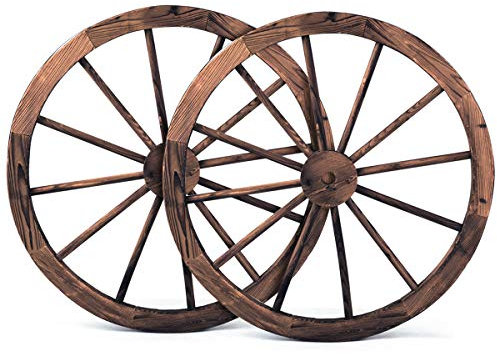 TANGZON 2PCS Decorative Wooden Wheels, 30-Inch Vintage Garden Wood Wagon Wheel with Iron Rim, Round Hanging Wood Cartwheel Wall Decoration for Home Bar Restaurant Studio