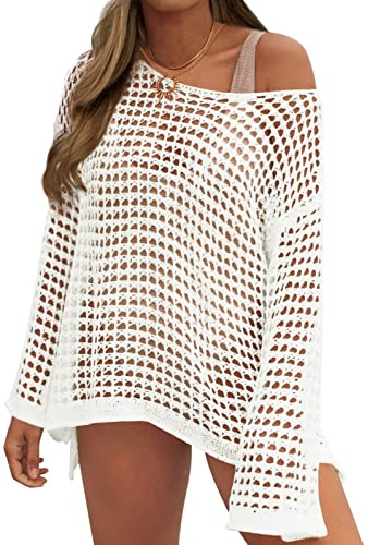 CoCozy Crochet Cover Up for Women Mesh Hollow Out Bikini Cover Ups for Swimwear Summer Swimsuit 2026, A1-White