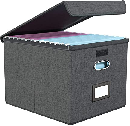 Portable File Organizer Box with Lids, Collapsible Linen Hanging Filing Storage Boxes with Plastic Slide, Decorative Home/Office Filling System for File and Folders Storage (Folders not included)