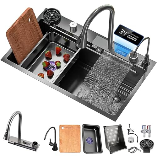 Vattenfall Kök Tvättställ, Single Bowl Rostfritt Stål Svart Grå Tvättställ,Drop-In Kök Tvättställ Med Multifunktionell Digital Display Fly Rain Pull-Out Kran (Color : Black-Grey, S : 68x46cm)