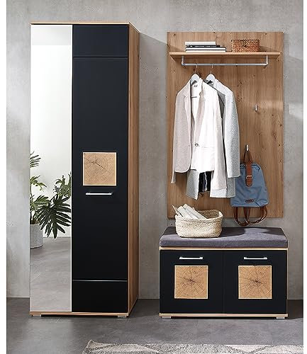 Lomadox Garderoben-Set 3-teilig in braun mit schwarz | Flurgarderobe in Eiche mit schwarz supermatt | Garderobenschrank, Garderobenpaneel, Flurbank