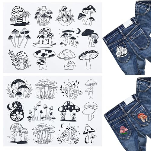 Yayatty 24 Stück Stickvorlagen Stickvlies Wasserlöslich Selbstklebend Pilz Stickaufkleber Stickvorlagen Wasserlöslich für Stickereianfänger Handnähen DIY Kleidung Rucksack Hüte