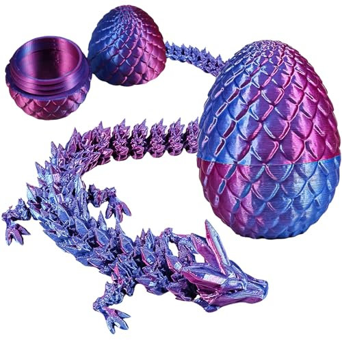 3D Printed Articulated Dragon in Crystal Egg - Flexible Joints Mystery Toy for Easter Egg Hunt, Home Office Executive Desk Gift (Laser Purple)