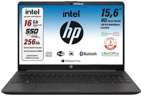HP 250 G9 Computer portatile 39,6 cm (15.6) 1366 x 768 Pixel Intel N4500 16Gb DDR4-SDRAM 256Gb SSD Wi-Fi, Win 11, Libre Office preconfigurato 3 ANNI DI GARANZIA, include cybersaver 24 mesi