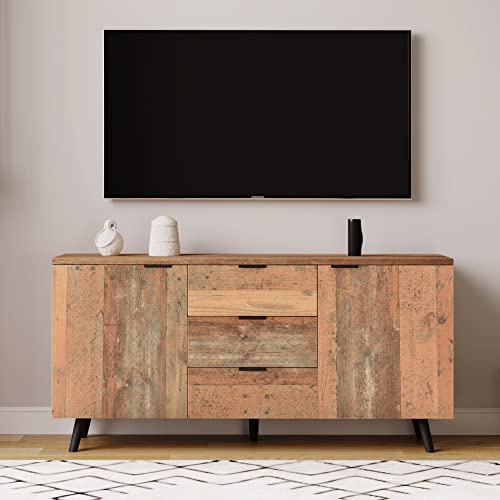 LULUWA Credenza da cucina, buffet, TV, con ripiani regolabili, cassettiera, armadio verticale a tre cassetti, per soggiorno, sala da pranzo, camera da letto, vintage, marrone, 140 cm (marrone rustico)