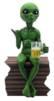 John Bernard & Company Alien Invasion 'Party Alien' Male Hang Loose Beer Drinking Ledge Lounger 10 Inch Funny Home or Garden Statue (Green)