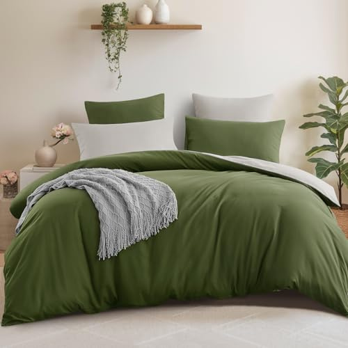 Aisbo Bettwäsche 200x200 3teilig Olivgrün Beige - Bettwäsche Sets 1 Bettbezug 200x200 cm + 2 Kissenbezüge 80x80 cm, ÖKO-TEX Wendebettwäsche Weich Mikrofaser mit Reißverschluss