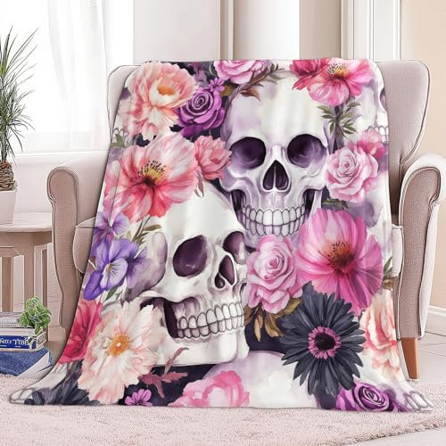 wohndecke Aquarell Blumen Totenköpfe, Super Weiche Gemütliche Warme Flanell-Wurfdecke, leichte dekorative Klimaanlagen-Decke, Sofa Couch Wohnzimmerdekoration für Erwachsene Kinder Büro 180 x 200 cm