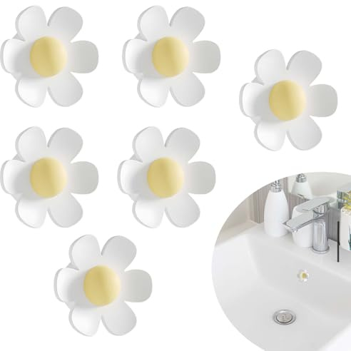 Bathroom Sink Basin Trim Overflow Cover | Anti-Odor Silicone Plug | Decorative Flower Design | Universal Fit for 2cm Drain Holes | Pack of 6 (White)