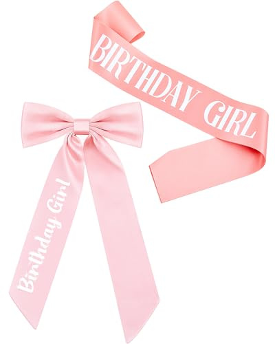 Yuxung 2 Pcs Birthday Sash and Hair Bow Set for Women Girl Pink Stain Sash with Hair Ribbon Bow Clips Happy Birthday Accessories Party Favors Set for Women Gifts