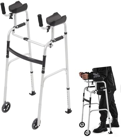 Warmiehomy Walking Frame with Wheels for The Elderly Disabled, 2-in-1 Foldable Aluminum Alloy Upright Walking Disability Aids with Detachable Arm Support, 7 Gears Adjustable Height 106-121CM
