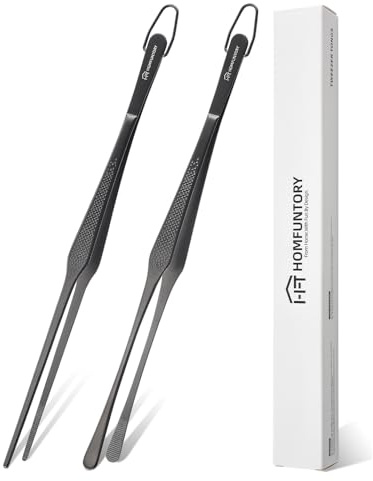 Homfuntory Stainless Steel Cooking Tweezers, 12-Inch Precision Kitchen Tweezers with Star Dot Texture, Wider Grip & Elevated Tips | Galaxy Grip Series, 2 Pcs (Black)