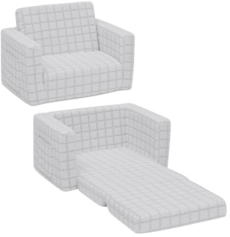 Delta Children Checkered Cozee Flip-Out Kids Chair, Snuggly Sherpa-Like Foam Convertible Armchair for Boys and Girls, Machine Washable Cover, Soft Comfy Toddler Seating for Playroom/Bedroom, Grey